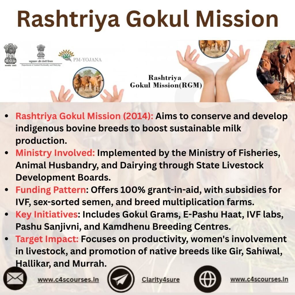 Rashtriya Gokul Mission 2 Rashtriya Gokul Mission 2014 Aims to conserve and develop indigenous bovine breeds to boost sustainable milk production. Ministry Involved Implemented by the Ministry of Fisheries Animal Husban