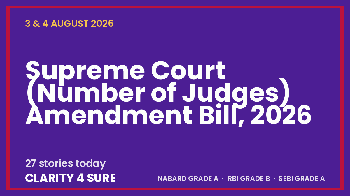 Daily current affairs for 3 & 4 August 2026 covering Supreme Court (Number of Judges) Amendment Bill, 2026, MSME Development (Amendment) Bill, 2026, Pradhan Mantri Surya Sarovar Yojana (PM-SSY) - for NABARD Grade A, RBI Grade B and SEBI Gra