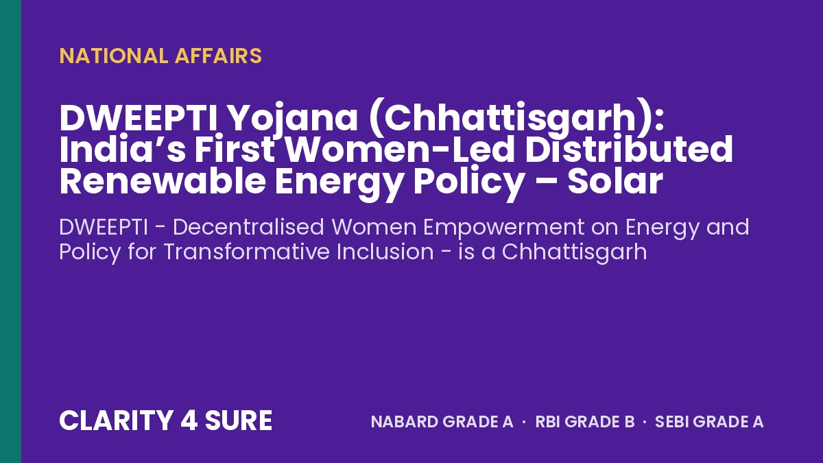 DWEEPTI Yojana (Chhattisgarh): India’s First Women-Led Distributed Renewable Energy Policy – Solar Didis, PM Surya Ghar Link, MCQs and Facts