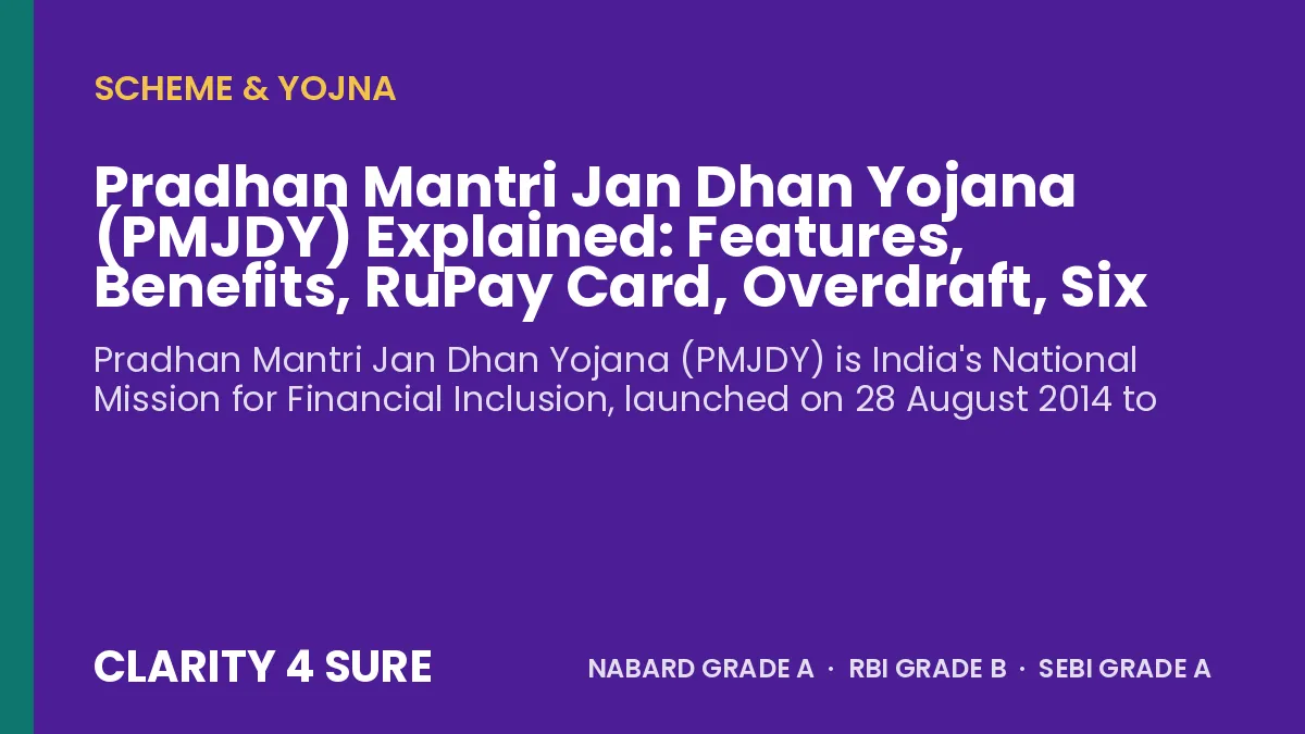 Pradhan Mantri Jan Dhan Yojana (PMJDY) Explained: Features, Benefits, RuPay Card, Overdraft, Six Pillars and Facts