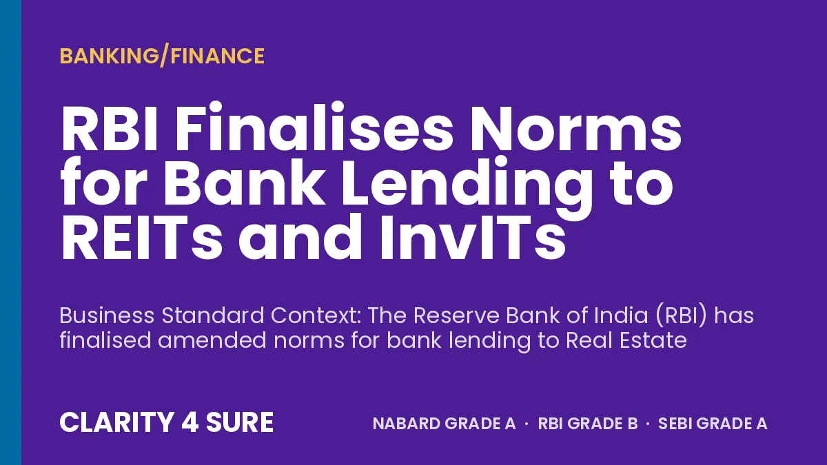 RBI Finalises Norms for Bank Lending to REITs and InvITs